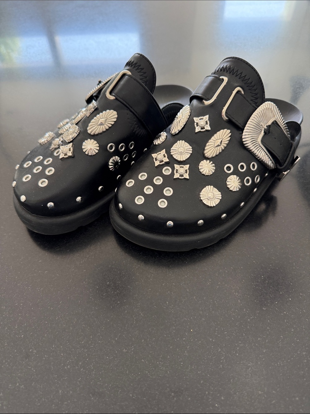 Black Studded Buckle Mule Clog